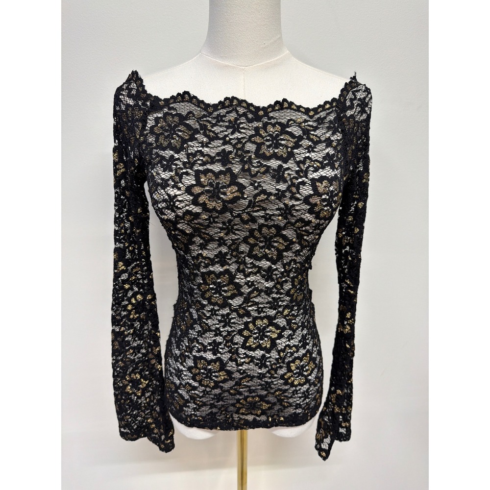 Lace Off Shoulder Bell Sleeve Top Black Gold Fairy Grunge Goth Coquette S
